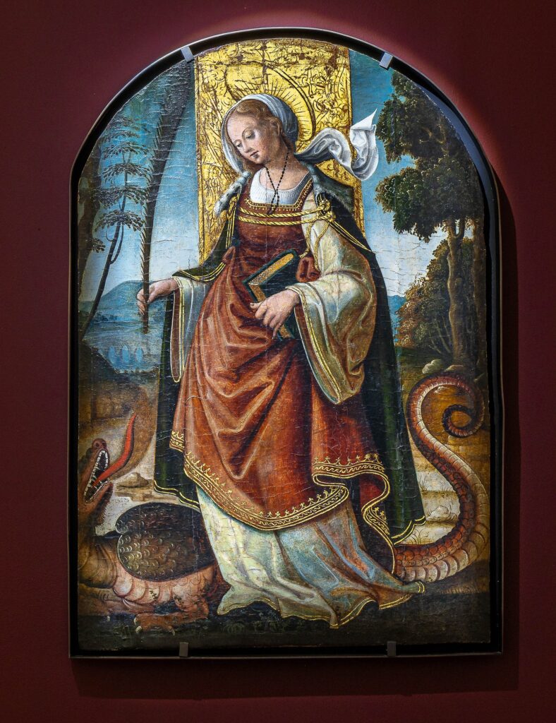 Tableau de Sainte Marguerite attribuée à l'école espagnole, huile sur bois XVe.  - Agrandir l'image, fenêtre modale