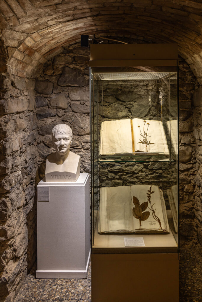 Le buste du botaniste Dominique Villars présenté à côté de son herbier.  - Agrandir l'image, fenêtre modale