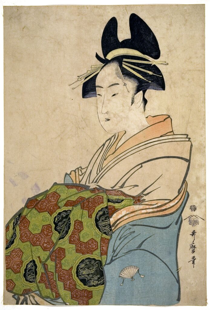 Estampe réalisée par UTAMARO, Kitagawa (Edo, 1753 - Edo, 31 octobre 1806) représentant la courtisane Miyahito de la maison verte Ôgiya. Legs du Marquis de la Mazelière. - Agrandir l'image, fenêtre modale
